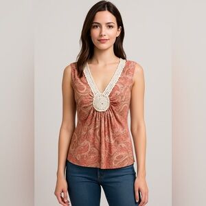 🌸 Cha Cha Vente Boho Sleeveless Paisley Top – Size M 🌸